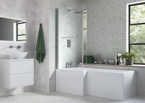 Modern white bathroom fitting with small grey tiles.